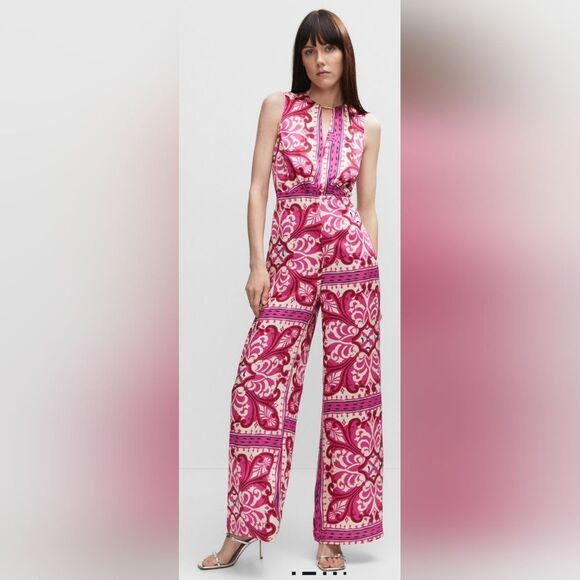 MANGO Printed jumpsuit with metal detail NWT Size Large Pink And Cream - Picture 1 of 6